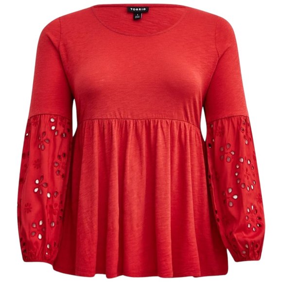torrid Tops - TORRID Cotton Modal Scoop Neck Eyelet Sleeve Babydoll Top Size 00 (10) MED NEW